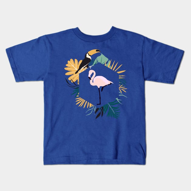 Tropical Flamingo Toucan Monstera Leaf Summer Holiday Kids T-Shirt by BitterBaubles